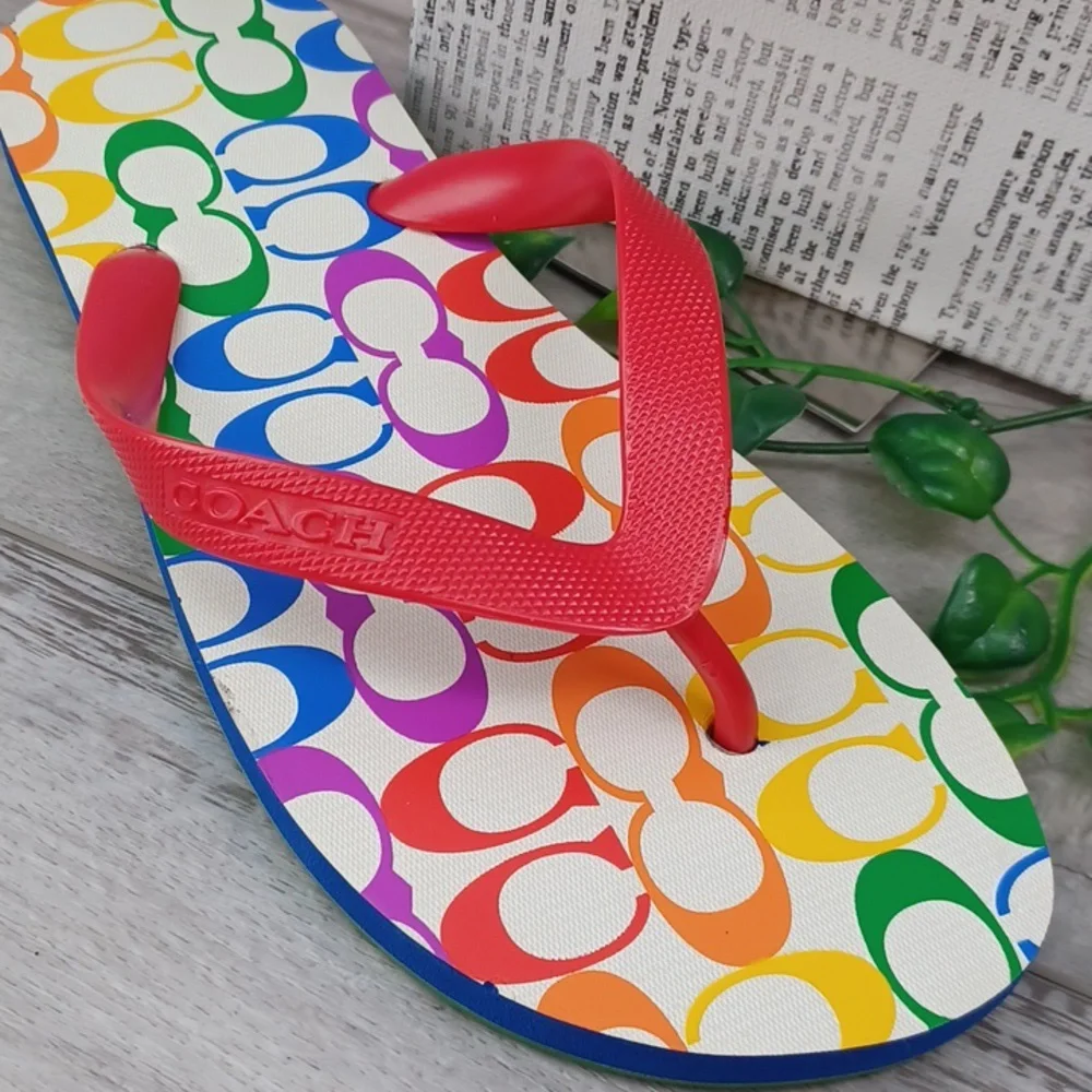 Coach Signature Rainbow Pride Flip Flops NWOT - Picture 2 of 8